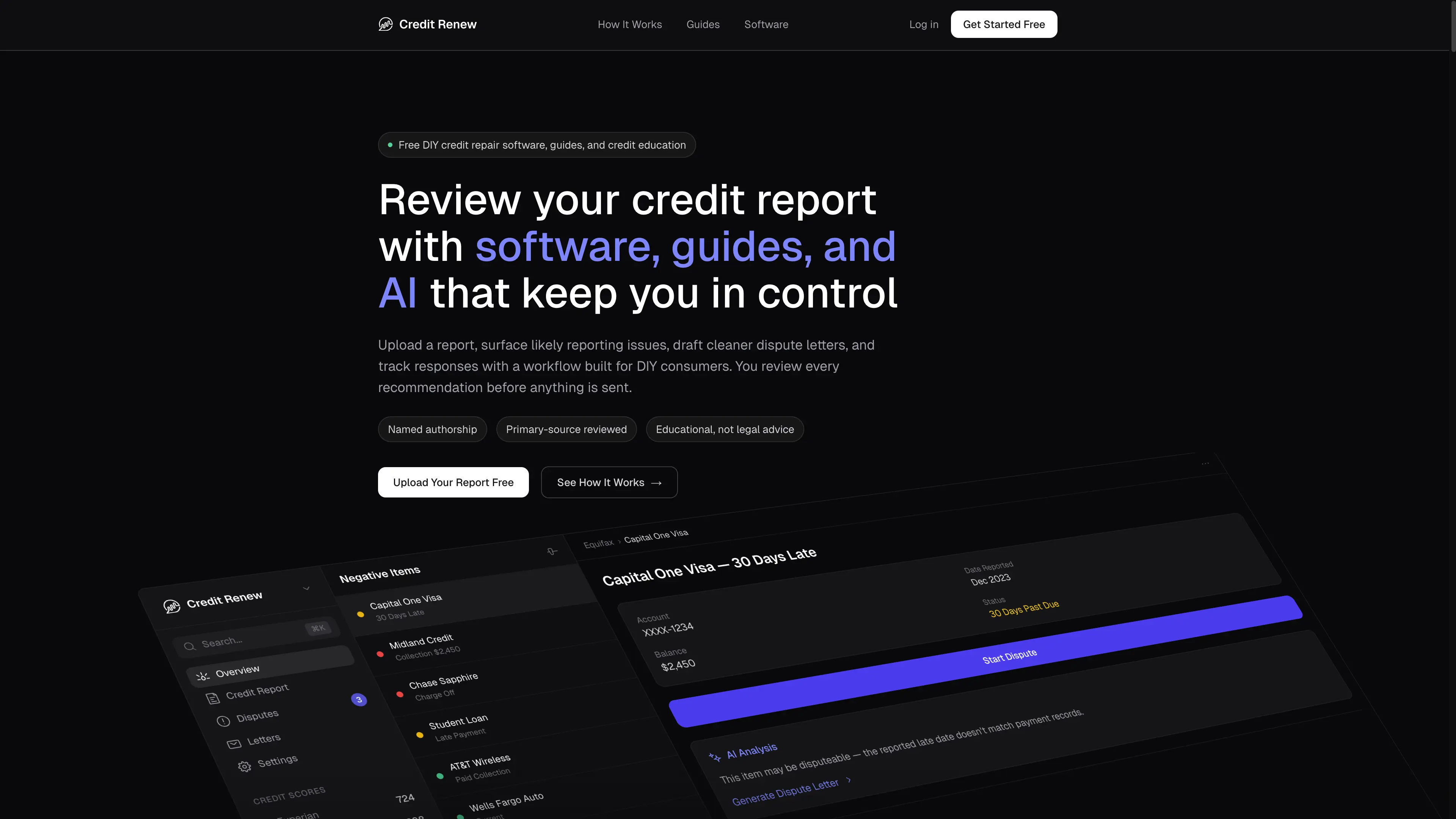 CreditRenew software interface showing a credit report workflow with disputes, AI analysis, and letter generation.